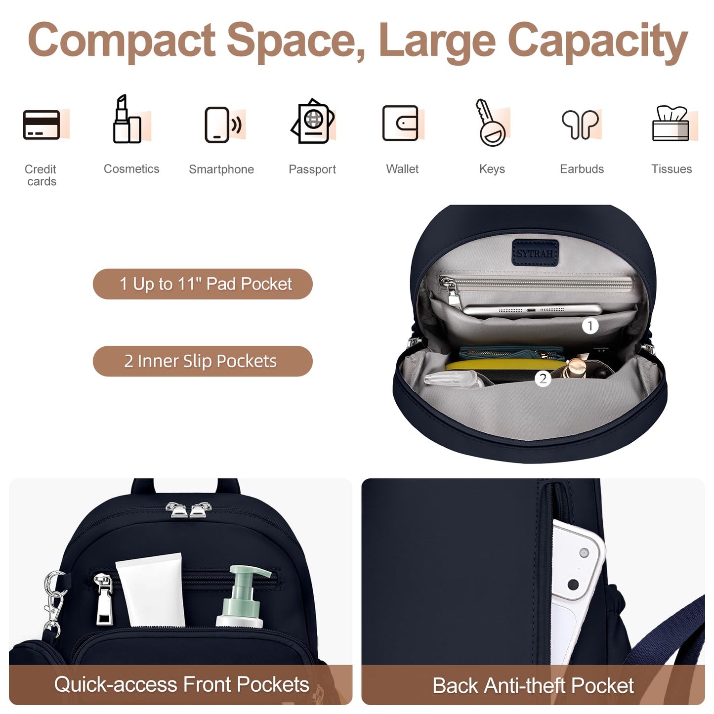 SYTRAH Mini Backpack for Women Small Backpack Purse, Anti Theft Backpack Waterproof Lightweight Puffer Back packs for Travel, Work with Coin Purse Dark Blue