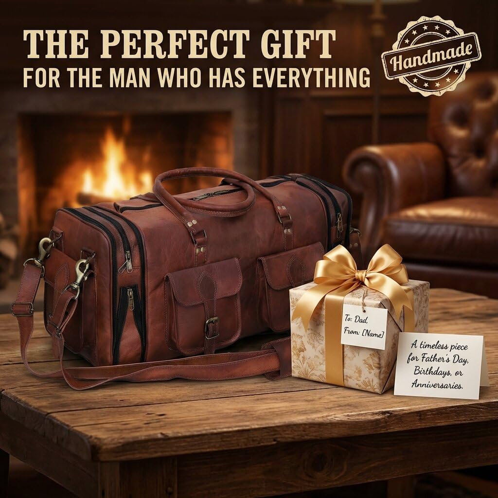 Genuine Leather Duffle Bag 24 Inch Handmade Vintage Travel Case Luggage Bags for Men, Overnight Carry On Duffel Bag Medium Weekender Gym Bag for Men and Women