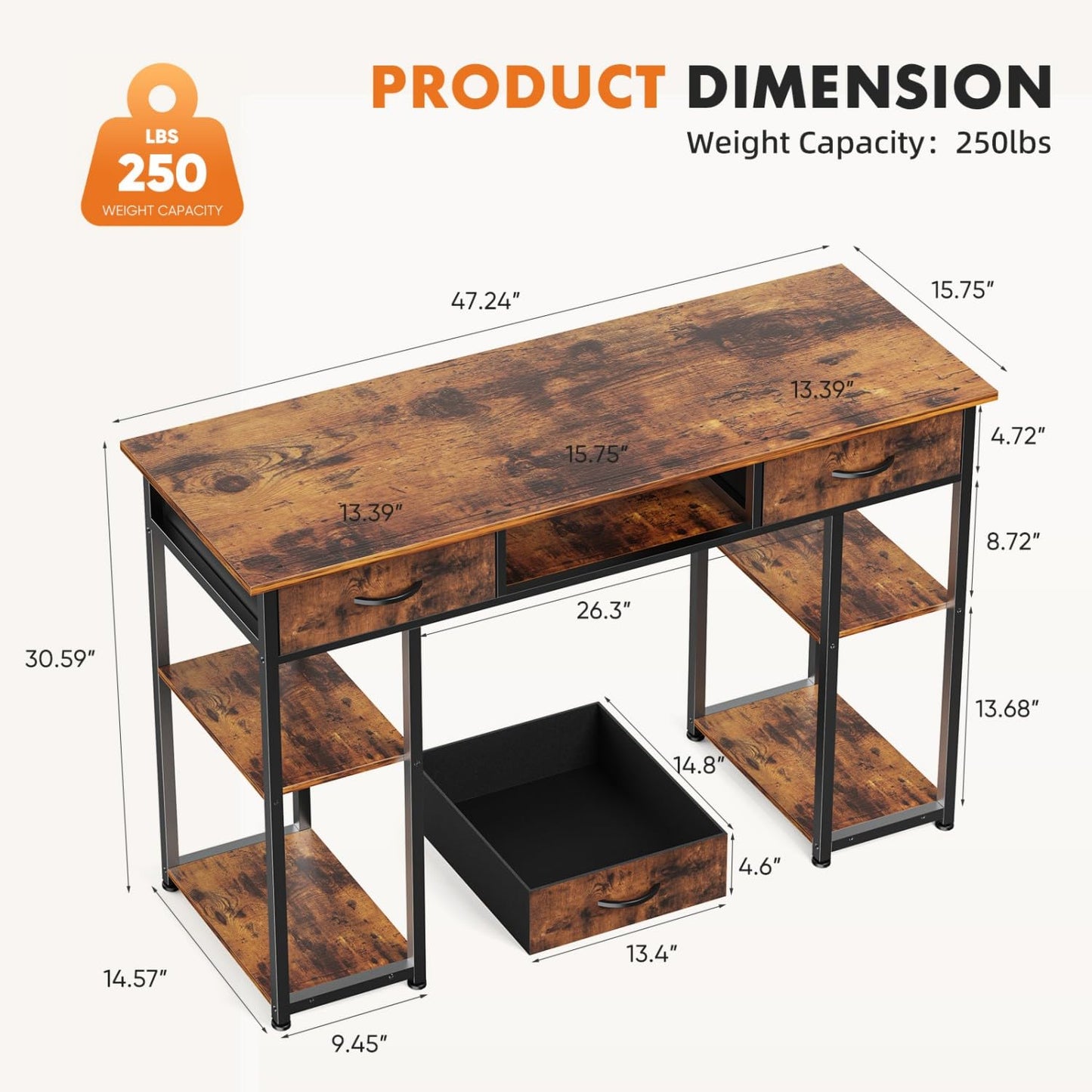 UOCFYK 47 Inch Computer Desk with 2 Drawers, Home Office Desk with Wooden Shelves, Study Writing PC Table for Small Spaces, Bedroom, Dorm or Living Room, Rust