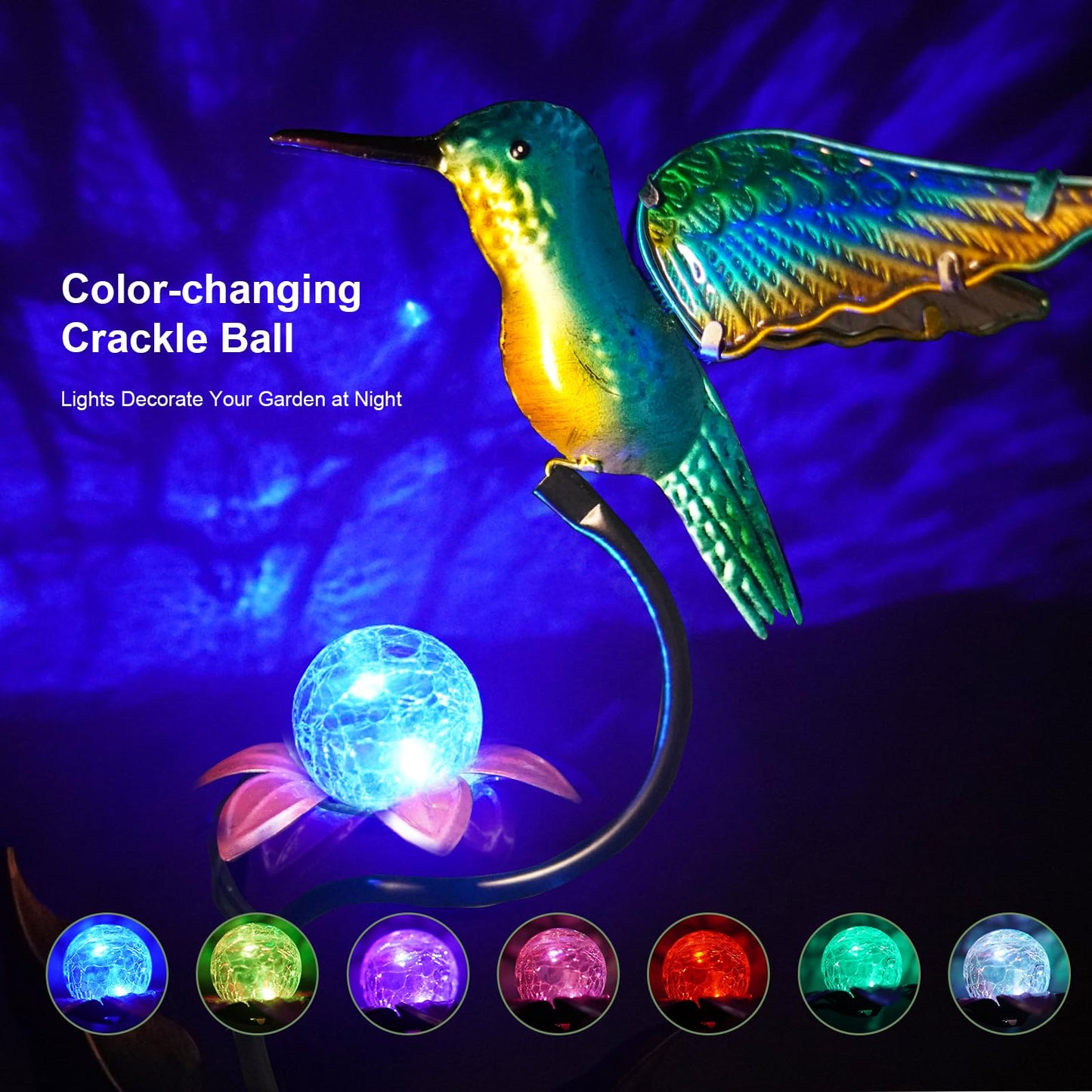 HONGLAND 46 Inch Solar Hummingbird Lights, Solar Garden Decor with Cracked Glass Ball, Hummingbird Decorative Garden Stakes Outdoor Waterproof for Lawn Patio Yard Porch, Gifts for Mom