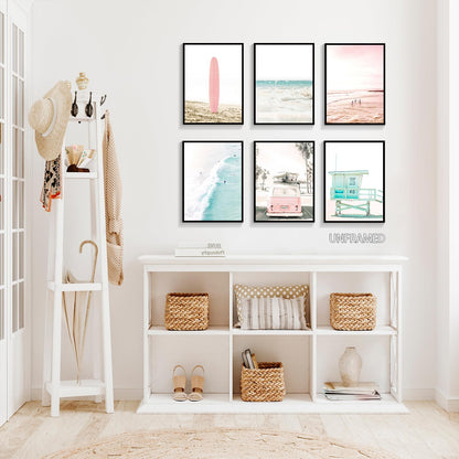 mifyuibytr Set of 6 Beach Canvas Wall Art, 8x10in Tropical Summer Ocean Coastal Posters, Preppy Gallery Beach Prints, Girly Nautical Surfboard Bus Room Decor, California Beachy Pictures Unframed
