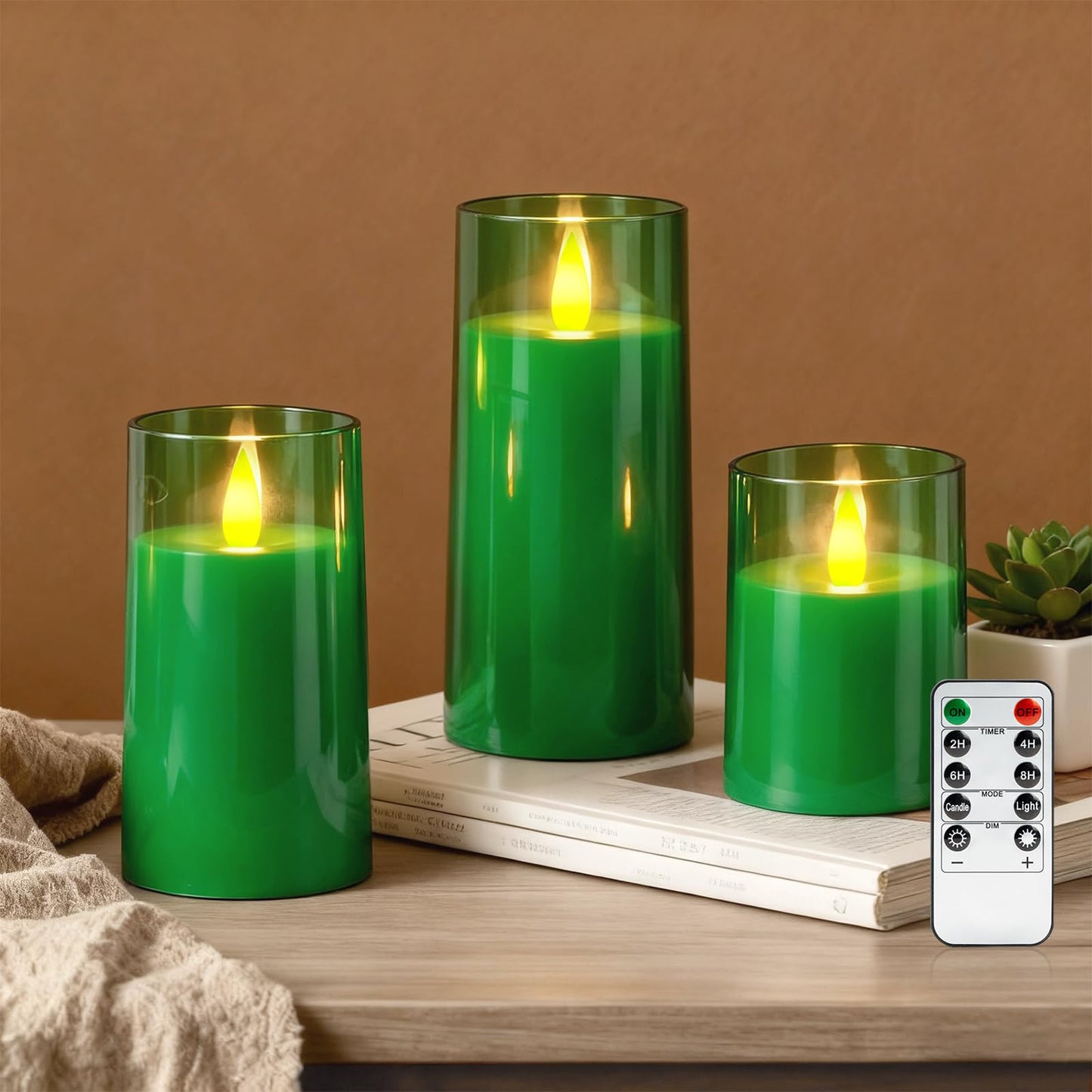 Raycare St. Patrick's Day Flameless Electronic Pillar Candles with Remote Control and Timer- Battery Operated Realistic Flickering LED Fake Candle for Home, Wedding Decor,Green,Set of 3(3"x4"5" 6")