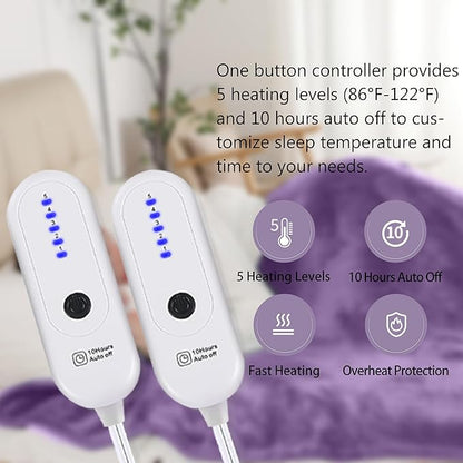 Electric Blanket Queen Size, Soft Cozy Flannel Sherpa Queen Heated Blanket Dual Control with 5 Heating Levels & 10 Hours Auto Off, Machine Washable Heating Blanket, 84" x 90", Lavender Violet