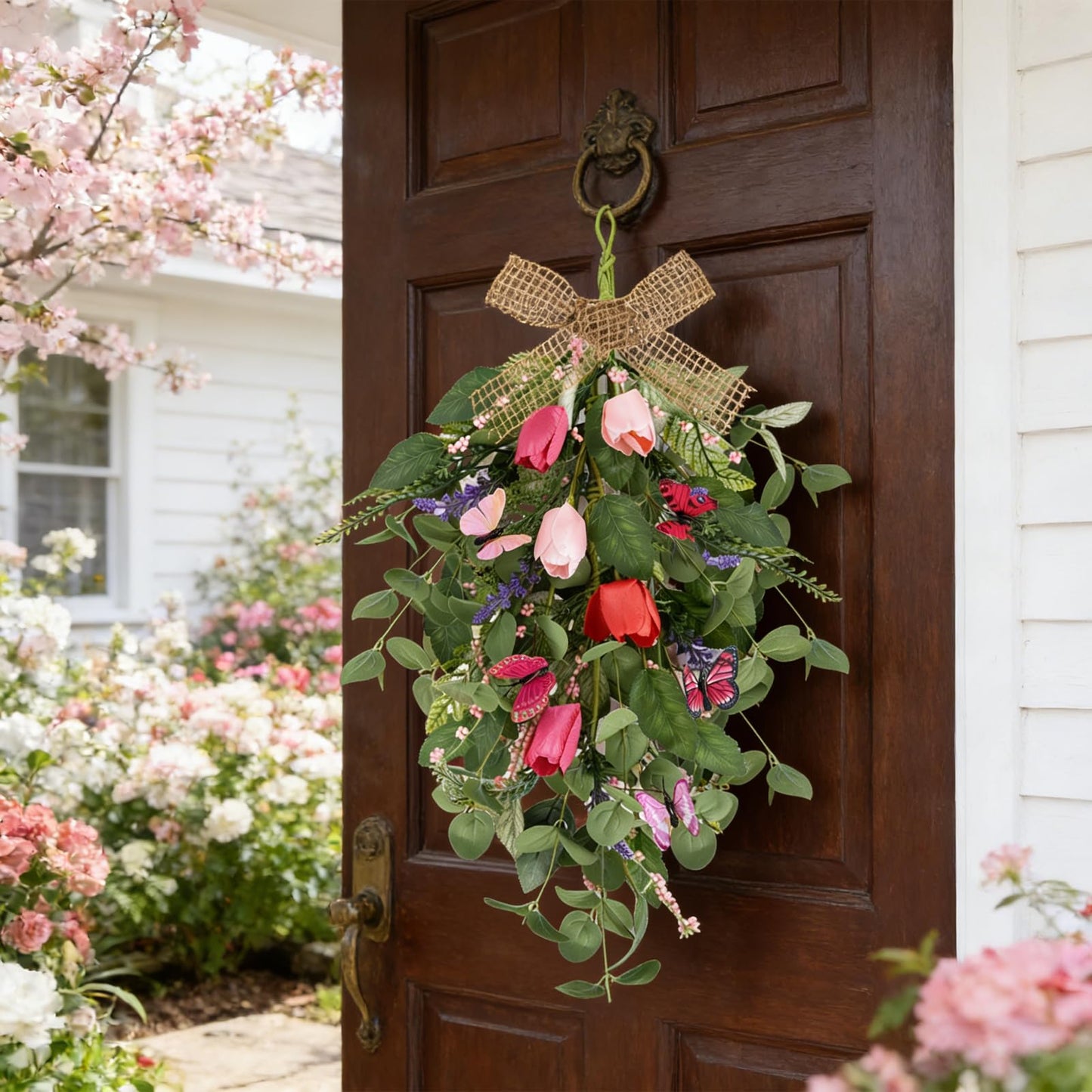 4 PCS Tulip Teardrop Swag 22" Spring Wreaths for Front Door with Purple Tassels Eucalyptus Leaves Ferns Butterflies for Indoor Outdoor Wall Festival Home Farmhouse Wedding Decor
