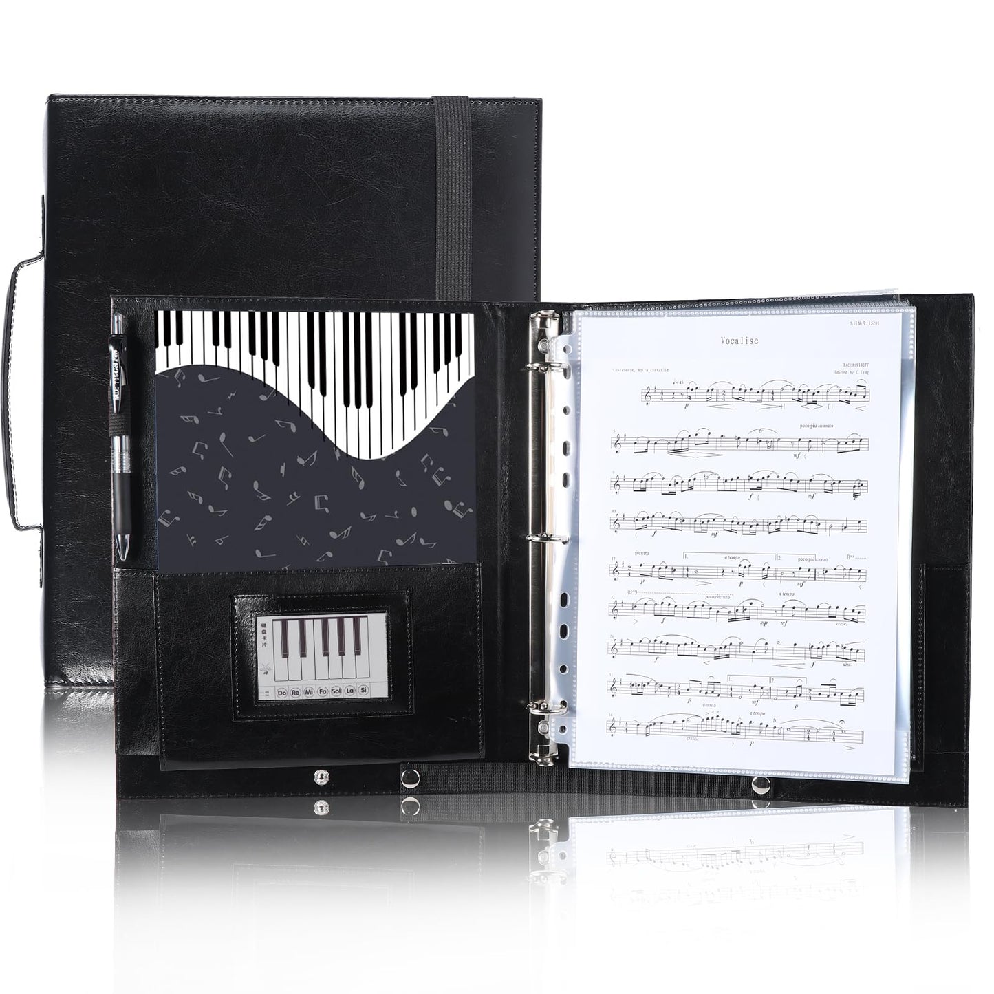 Choral Sheet Music Folder Organizer: 3 Ring Piano Music Binder with Plastic Sleeves - PU Leather Choir Folders with Hand Strap Elastic Band Fits Letter Size 8.5 x 11 inch, Black