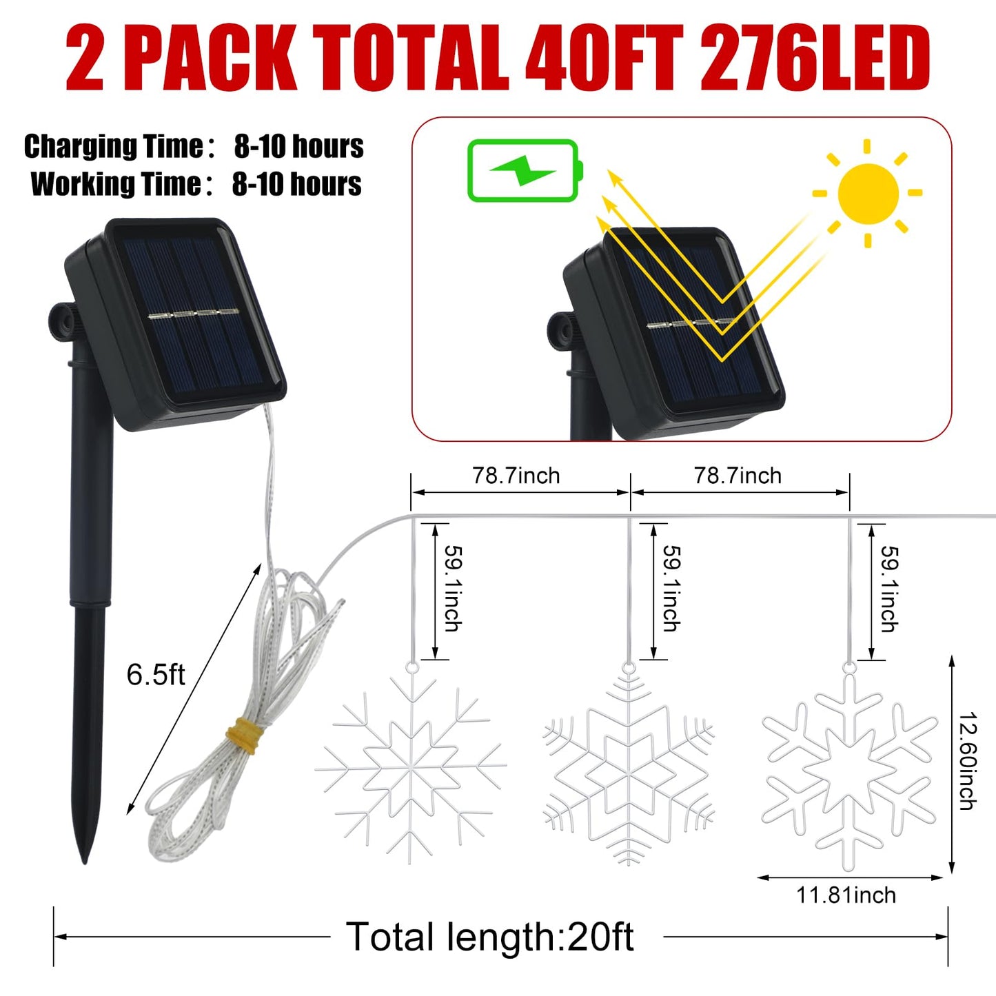 Baquler 2 Set Christmas Snowflake Solar Lights 20 Feet 138 LED Waterproof Outdoor Cool White Twinkle Fairy Lights 8 Modes Solar Hanging String Lights Decoration for Xmas Tree Porch Roof Window Decor