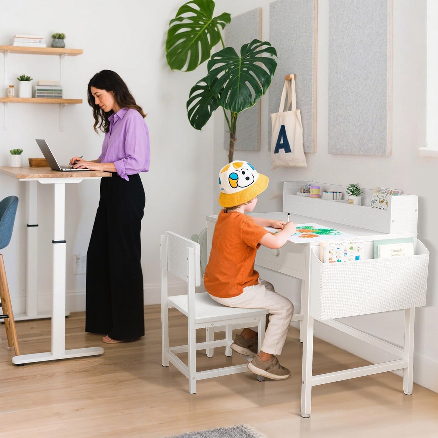 BOLUO White Kids Desk and Chair Set for 5-8 Year Old, Small Child Desk with Fabric Drawer, Children Study Table with Storage Toddler Girls Boys