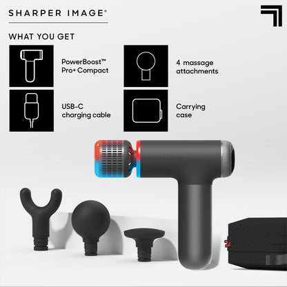 Sharper Image® Powerboost® Pro+ Hot & Cold Compact Deep Tissue Massage Gun - 6 Speed, 4 Attachments, Travel Case| Heat & Cold Therapy| Lightweight Shoulder & Back Massager| Fathers Day Gift for Dad