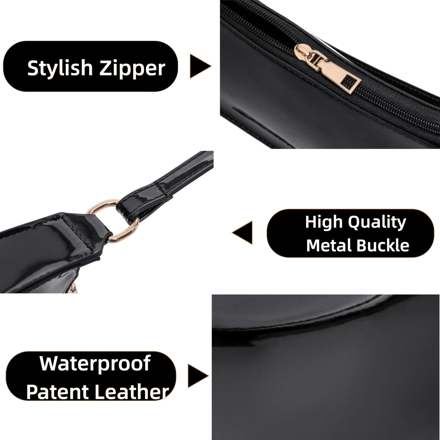 JOLLQUE Small Shoulder Bag for Women, Small Under the Arm Patent Leather Purses, Mini Purse Clutch Y2k Jelly Handbag Zipper Square Satchel Crossbody Bags(Black)