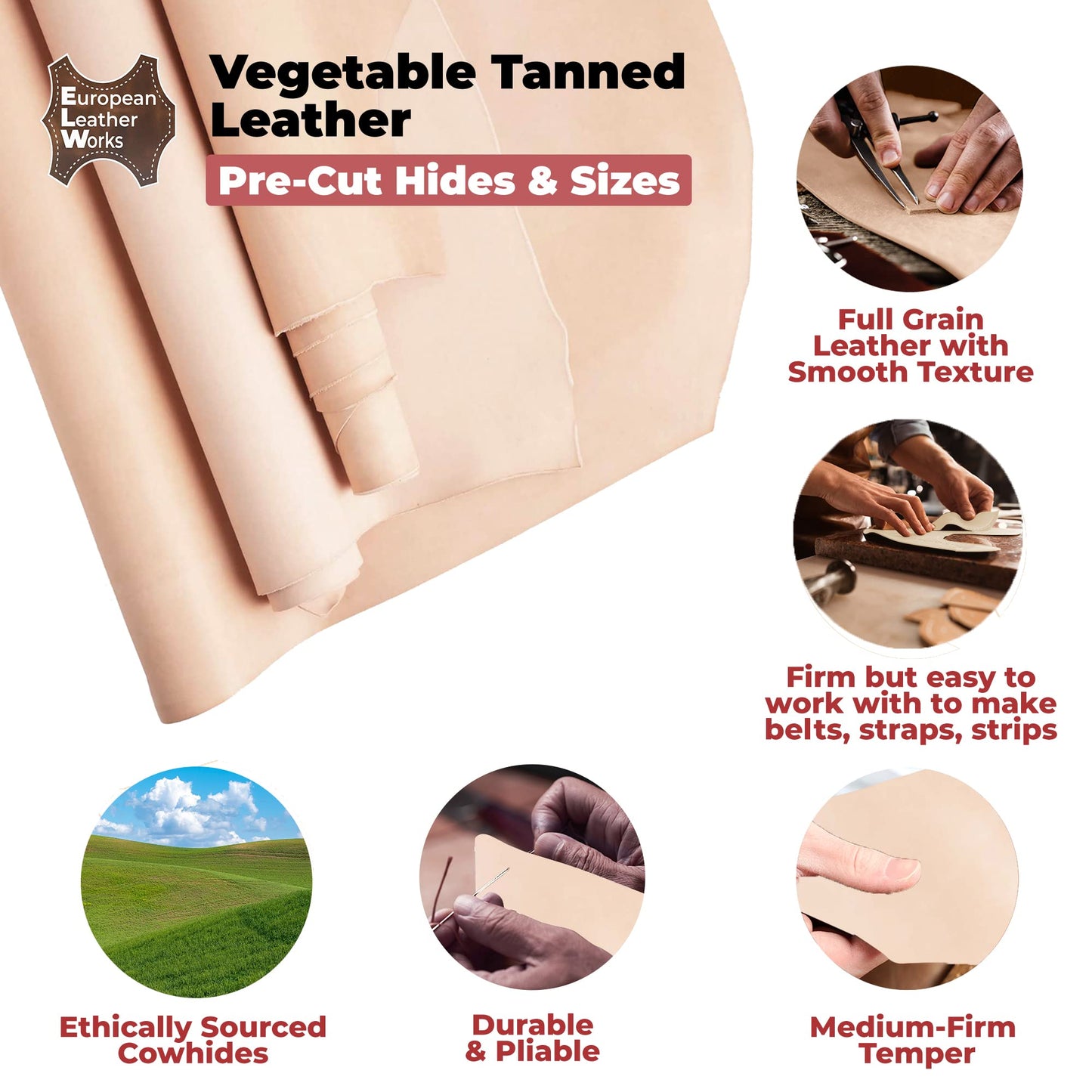 ELW Tooling Leather Vegetable Tanned 6-7 oz. (2.4-2.8mm) Heavy Thickness Weight Size: 12"x24" | Pre-Cut Leather Sheets 6" to 48" Cowhide Sheets Shoulder & Sides in Full Grain Leather for Stamping