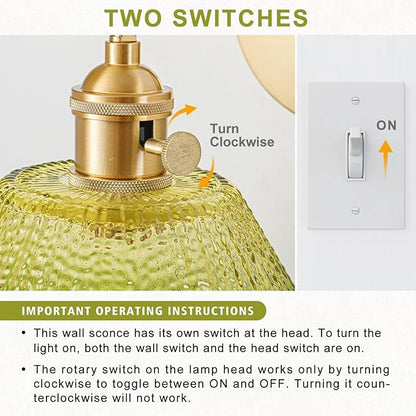 Hardwired Wall Sconce Light, Vintage Wall Sconce with Switch, Gold Wall Light Fixture with Gradient Green Glass Lampshade, Indoor Wall Light for Bedroom Bathroom, Bedside Wall Lamp