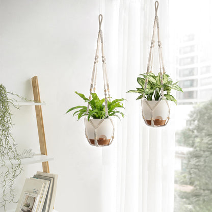Mkono 7.5 Inch Hanging Planters, Macrame Plant Hangers with Self Watering Plant Pots Indoor Set of 2 Hanging Baskets Flower Pot Holders with Hooks No Tassels for Boho Home Decor, Ivory