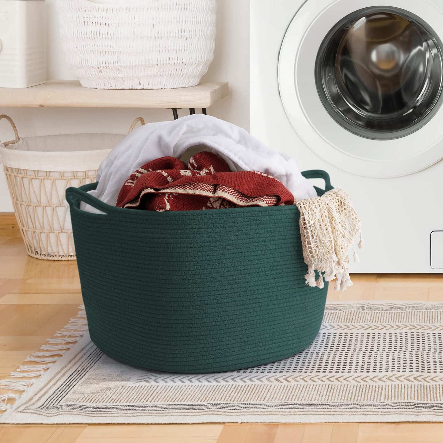 Maliton Woven Rope Basket for Blankets, Extra Large Storage, Green Laundry Hamper, Baby and Pet Toy Storage, Big Towel Basket, 22" x 22" x 14" Blanket Holder, Cotton Rope Bin