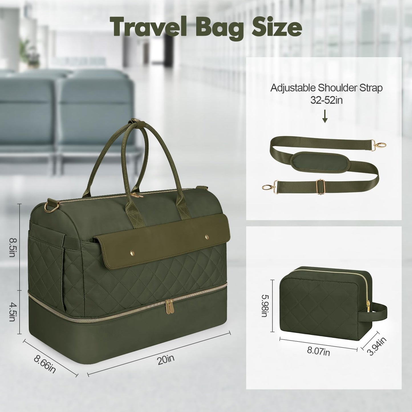 Wedama Travel Duffel Bag, Large Weekender Bag for Women with Shoe Compartment, Carry on Overnight with Toiletry Makeup Bag for Travel Gym Camping Hospital, Green