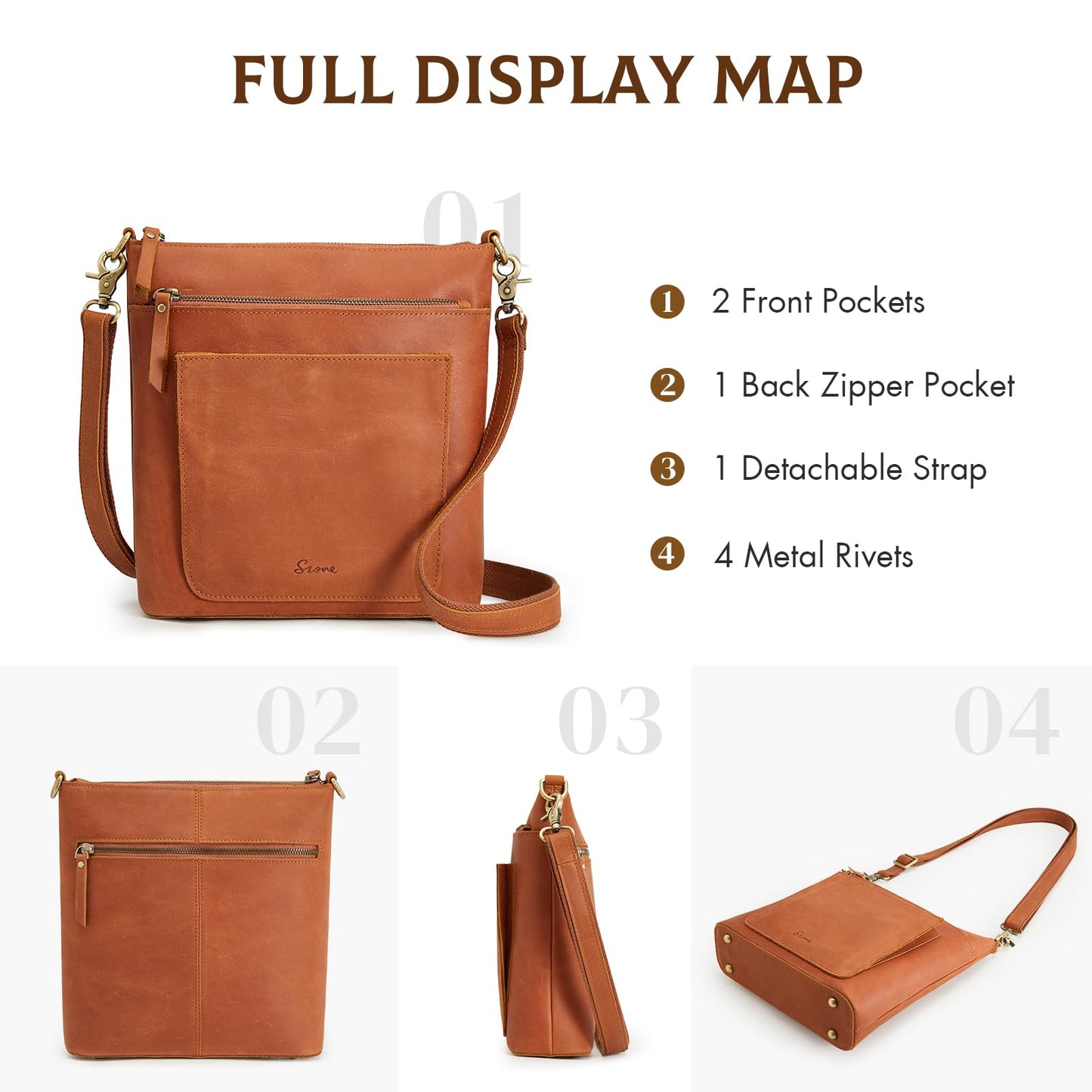 S-ZONE Leather Crossbody Bag for Women Vintage Cross Body Bags Shoulder Purse Ladies Medium Handbag with Multi Pockets