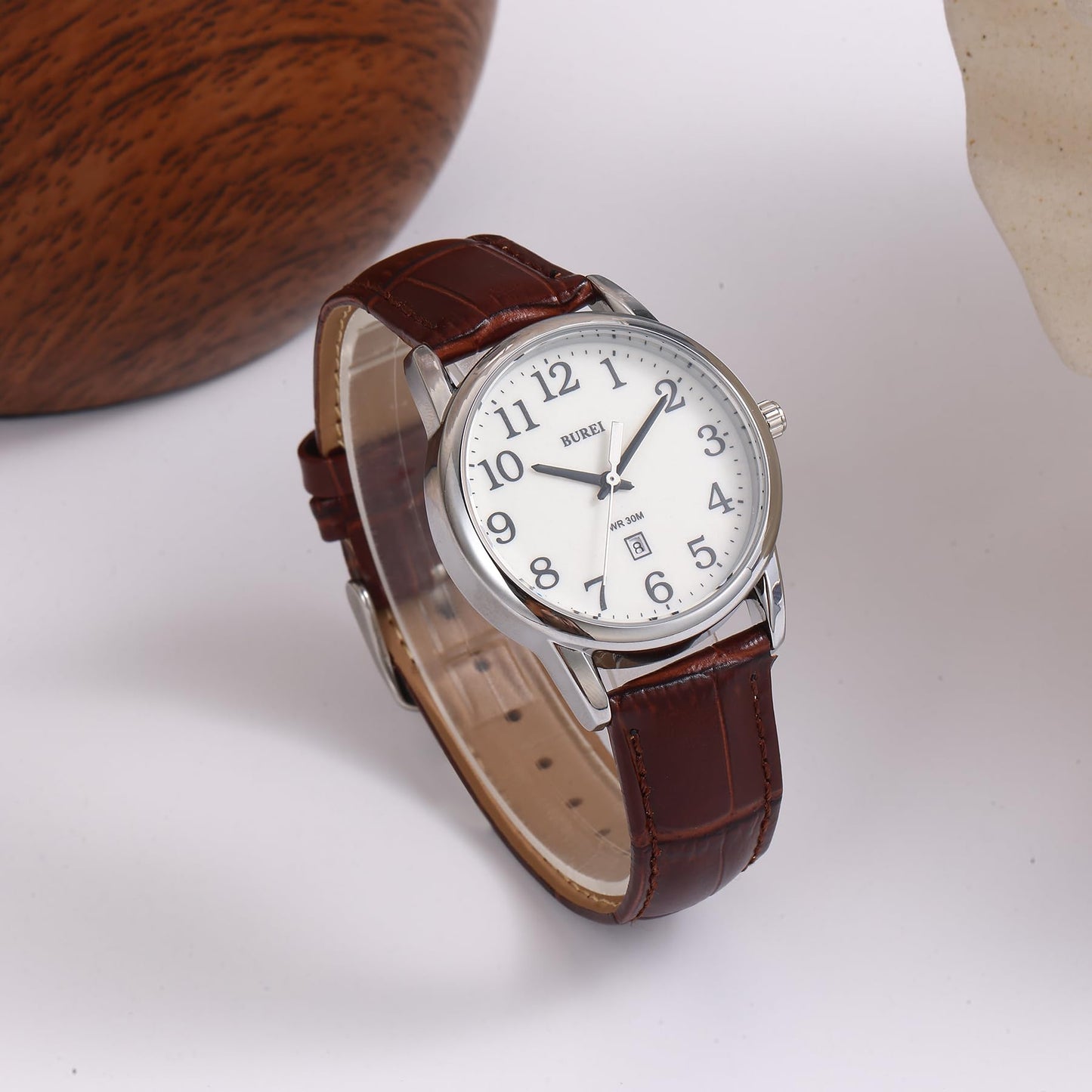 BUREI Women’s Watch 35mm Brown Minimalist Quartz Watch Soft Leather Strap Unisex Casual Dress Watch 3ATM Waterproof