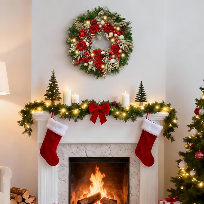 24 Inch Artificial Christmas Wreath for Front Door, Christmas Rose Floral Wreath with Lamb's Ear Red Berries Pine Cones Golden Leaves, Winter Wreaths for Front Door Wall Home Outdoor Decor