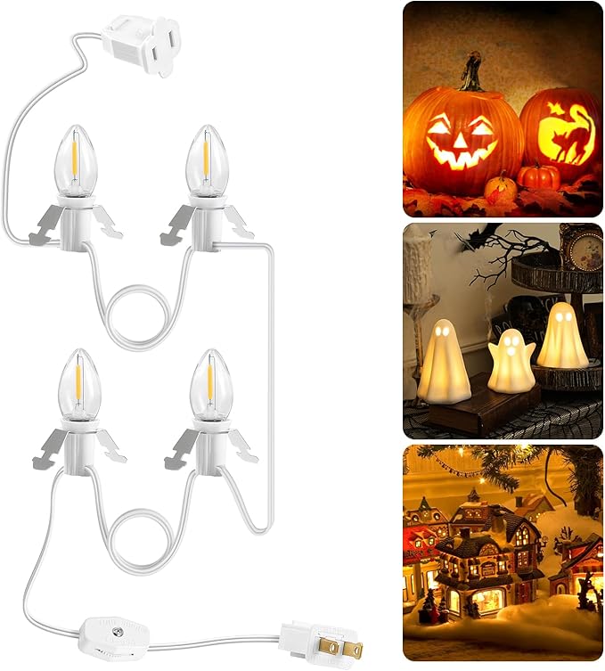 Christmas Village Lights, Decoration String Lights 10.5Ft with 4 C7 LED Bulbs, Warm White, with Male and Female Plugs, for Christmas Snow House,Pumpkin Crafts,Holiday Decoration W03VL05