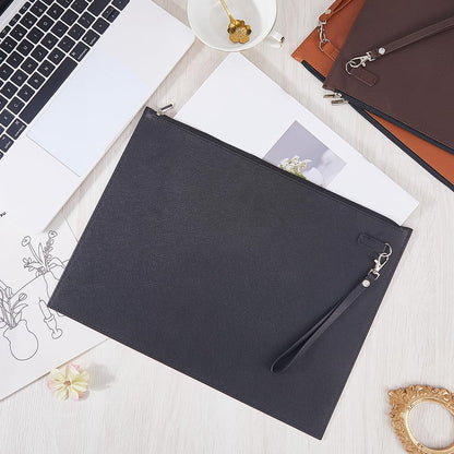 CALFOVERA A4 PU Leather File Holder with Removable Hand Strap Black Thin Document Folder Waterproof Portfolio Filing Zipper Pocket Oragnizer Bag Case for Receipt Contract Stationery Tablet