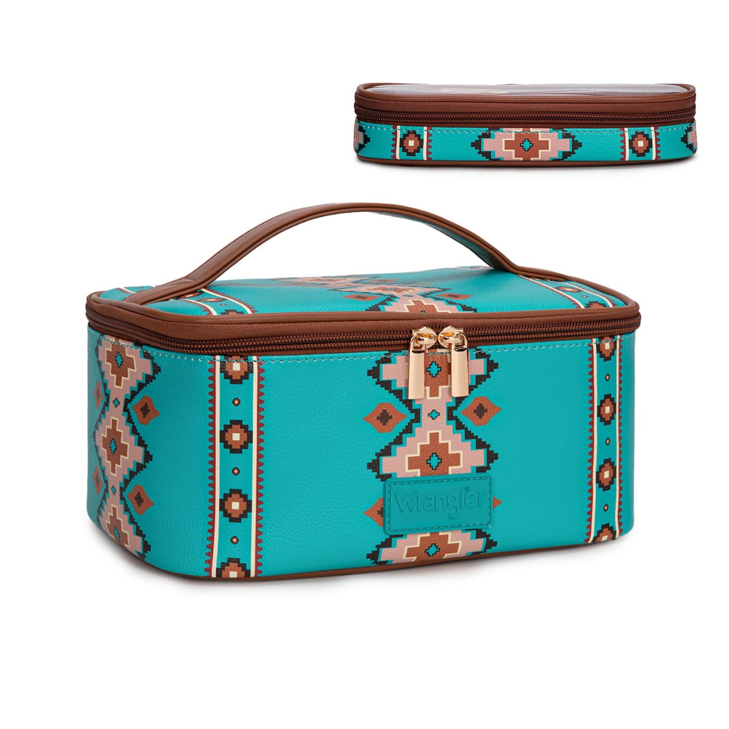 Montana West X Wrangler Travel Makeup Bag 2pcs Set Large Cosmetic Bag with Makeup Brush Holder Portable Make Up Organizer Cute Toiletry Bag with Divider and Handle for Women Aztec