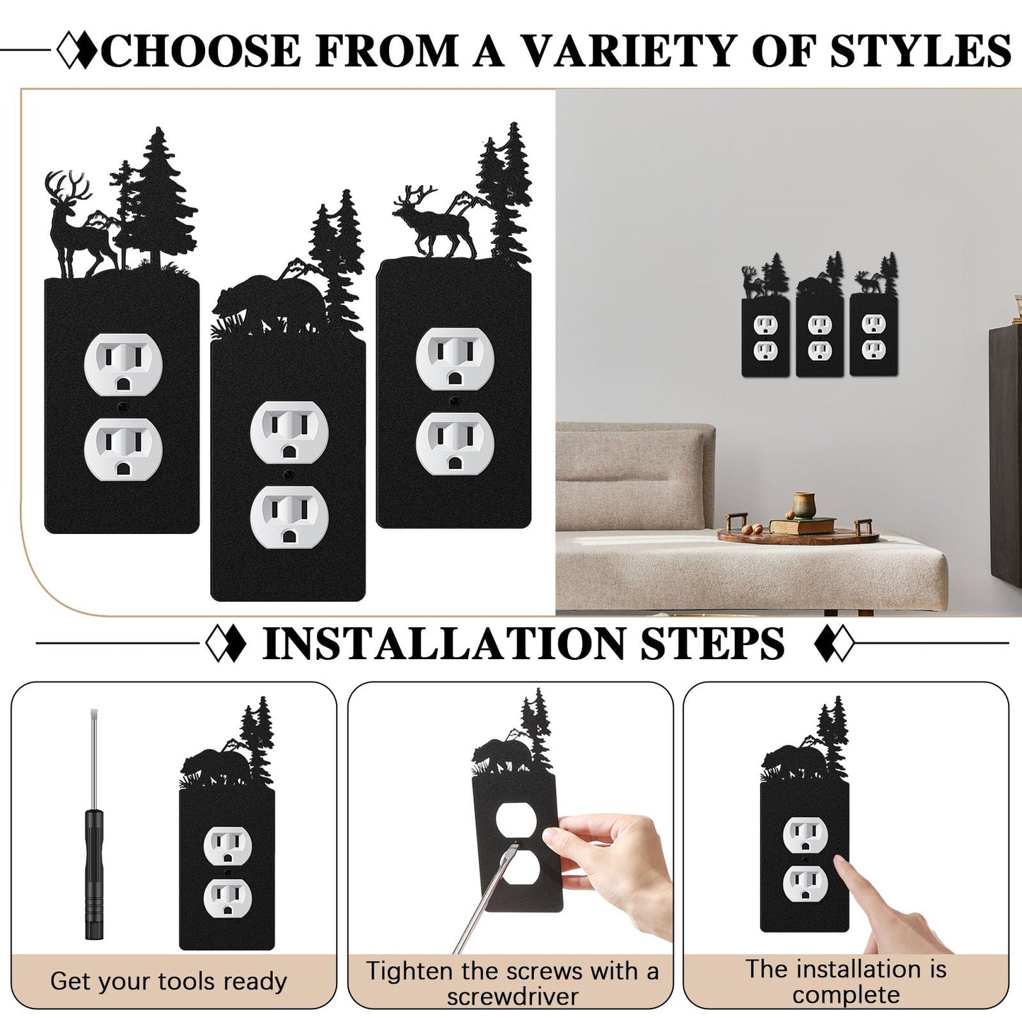 Lothee 3 Pcs Bear Light Switch Cover Plate Black Outlet Plate Cover Bear Elk Forest Mountain House Wall Light Outlet Decorative for Office Bedroom Home, Duplex Toggle(Exquisite)