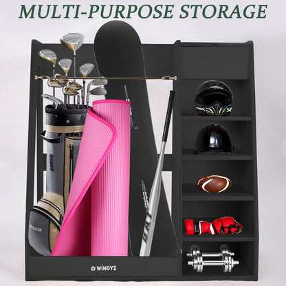 WINGYZ Premium Birch Plywood Golf Bag Storage for 2 Bags | 36lb Rock-Solid Golf Bag Organizer | 7-Shelf Command Center | Artificial Turf 12-Ball Display | No Wall Mounting Required (Black)