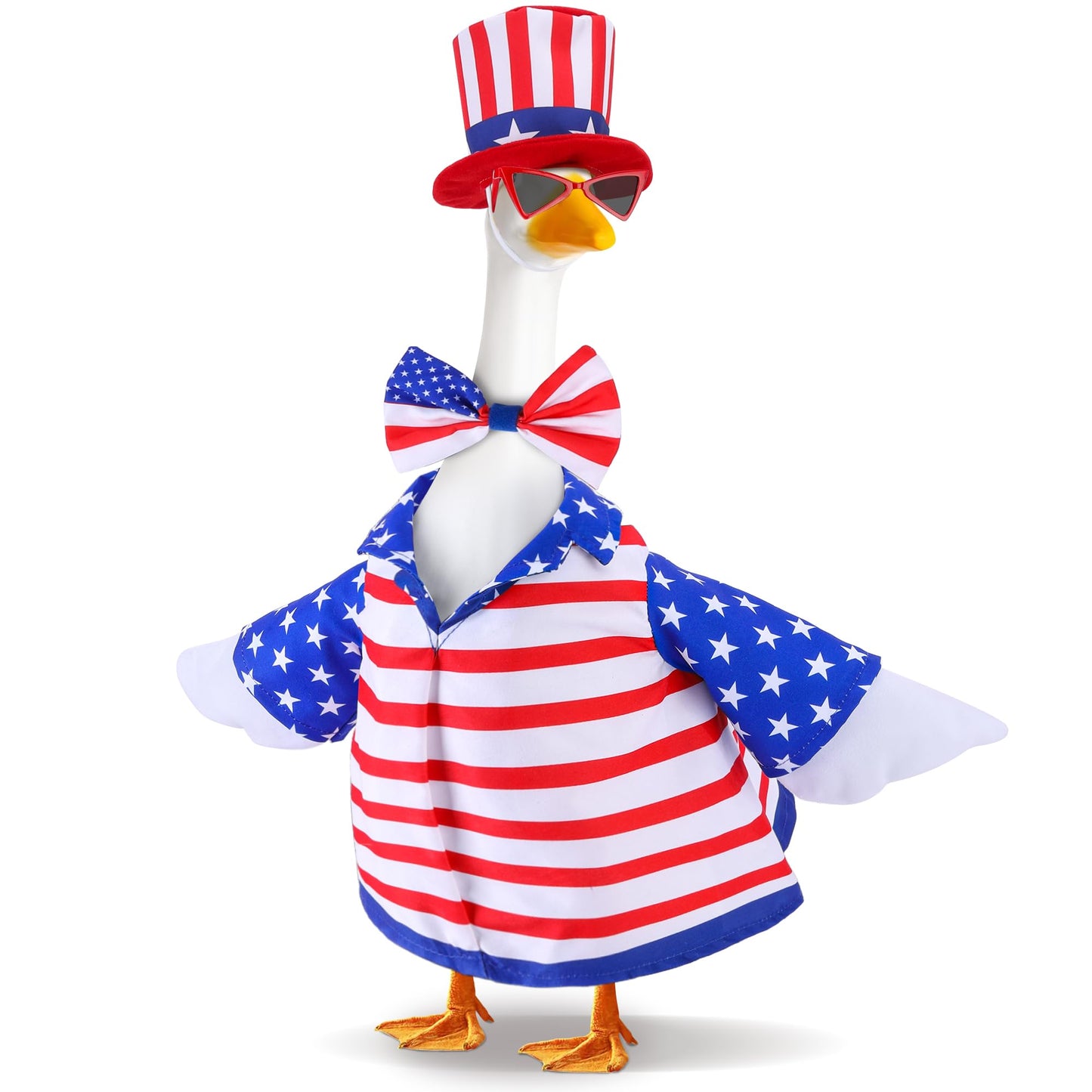 4 Pcs/Set 4th of July Porch Goose Outfit, 23" High Lawn Goose Statue Patriotic Costume Clothing, Independence Day Porch Garden Geese Clothes with Hat Glasses Bow Tie for Outdoor Patio Yard Decoration