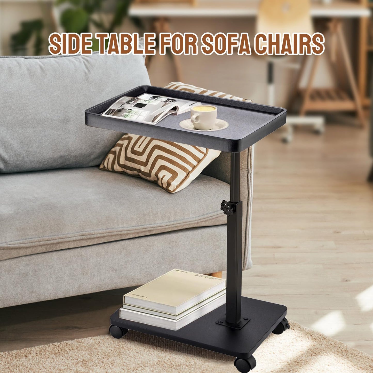 GENDLTHIJ Adjustable C Shaped Side Table, C Table End Tables with Wheels for Sofa, 360° Swivel Sofa Tables for Livingroom,Bedroom,Study and Small Spaces (Glossy Black)