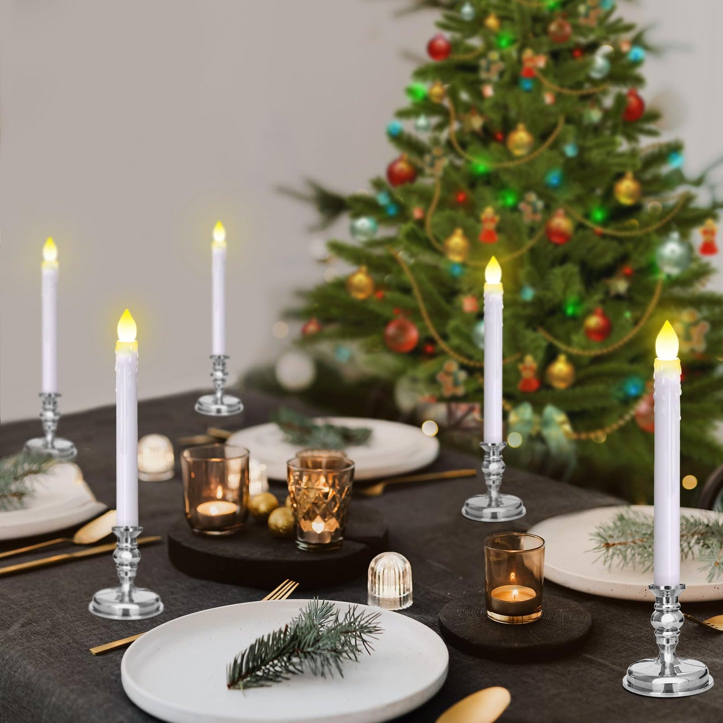 Kithouse 12 Pack Flameless LED Window Candles with Drip Texture,Removable Candle Holders,24 AAA Batteries,Daily Timer,ON/Off Remote,12 Window Suction Cups,Christmas Home Wedding Decor (Sliver)
