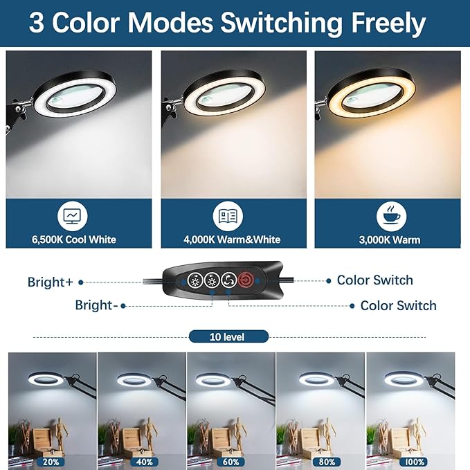 15X &10X Magnifying Glass with Light, 4.3" Real Glass LED Desk Lamp with Clamp, Adjustable Arm Magnifying Lamp, 3 Color Modes Stepless Dimmable Lighted Magnifier Hands Free for Close Work, Crafts