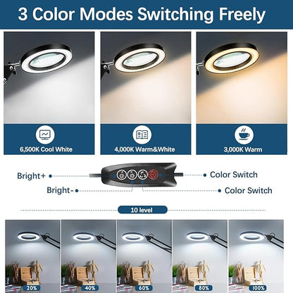 15X &10X Magnifying Glass with Light, 4.3" Real Glass LED Desk Lamp with Clamp, Adjustable Arm Magnifying Lamp, 3 Color Modes Stepless Dimmable Lighted Magnifier Hands Free for Close Work, Crafts