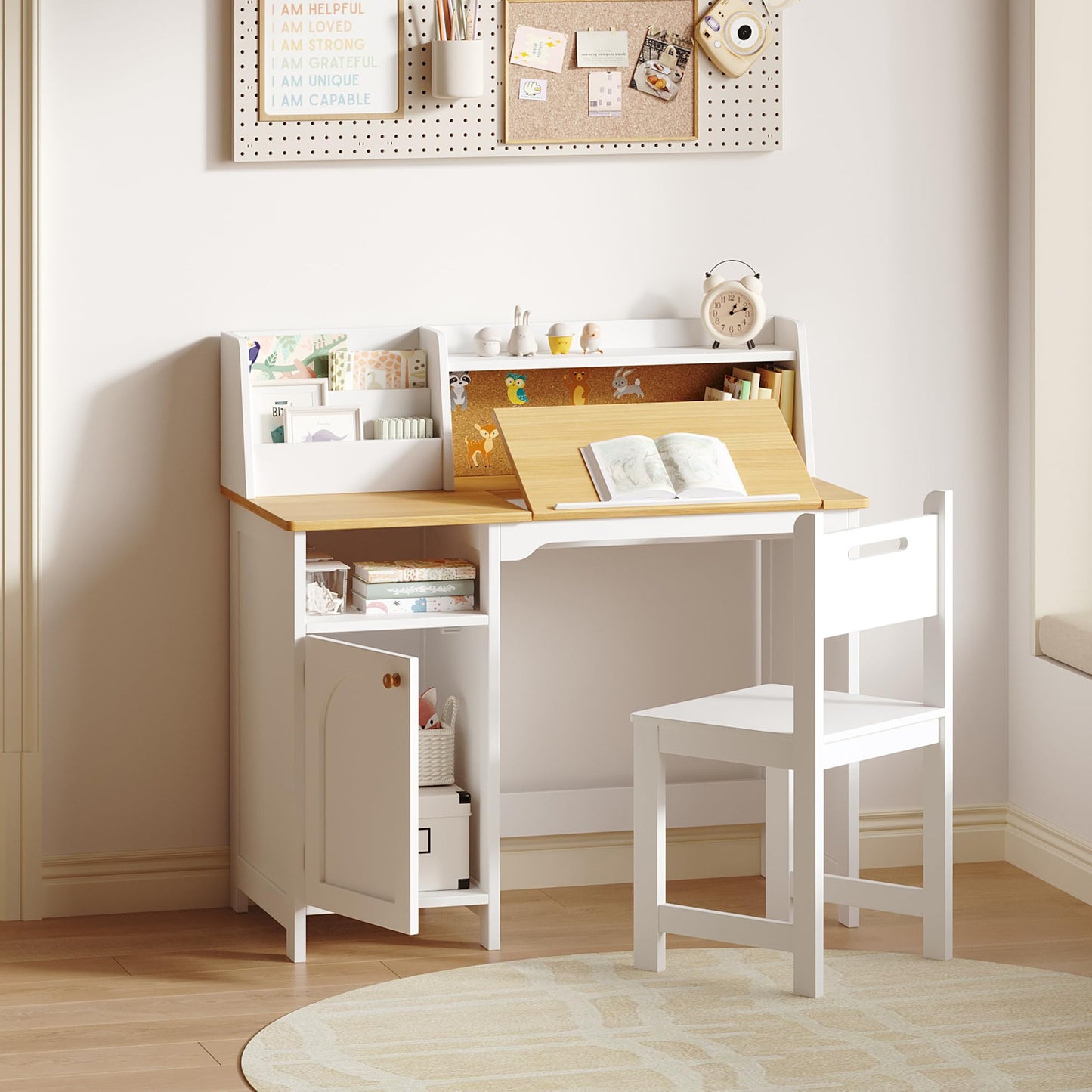 Treocho Kids Study Desk and Chair Set, Kids Desk with Hutch and Tiltable Desktop for 3-8 Years Old, Wooden Children Study Table with Storage Cabinet, Student Writing Desks, Home School, Natural