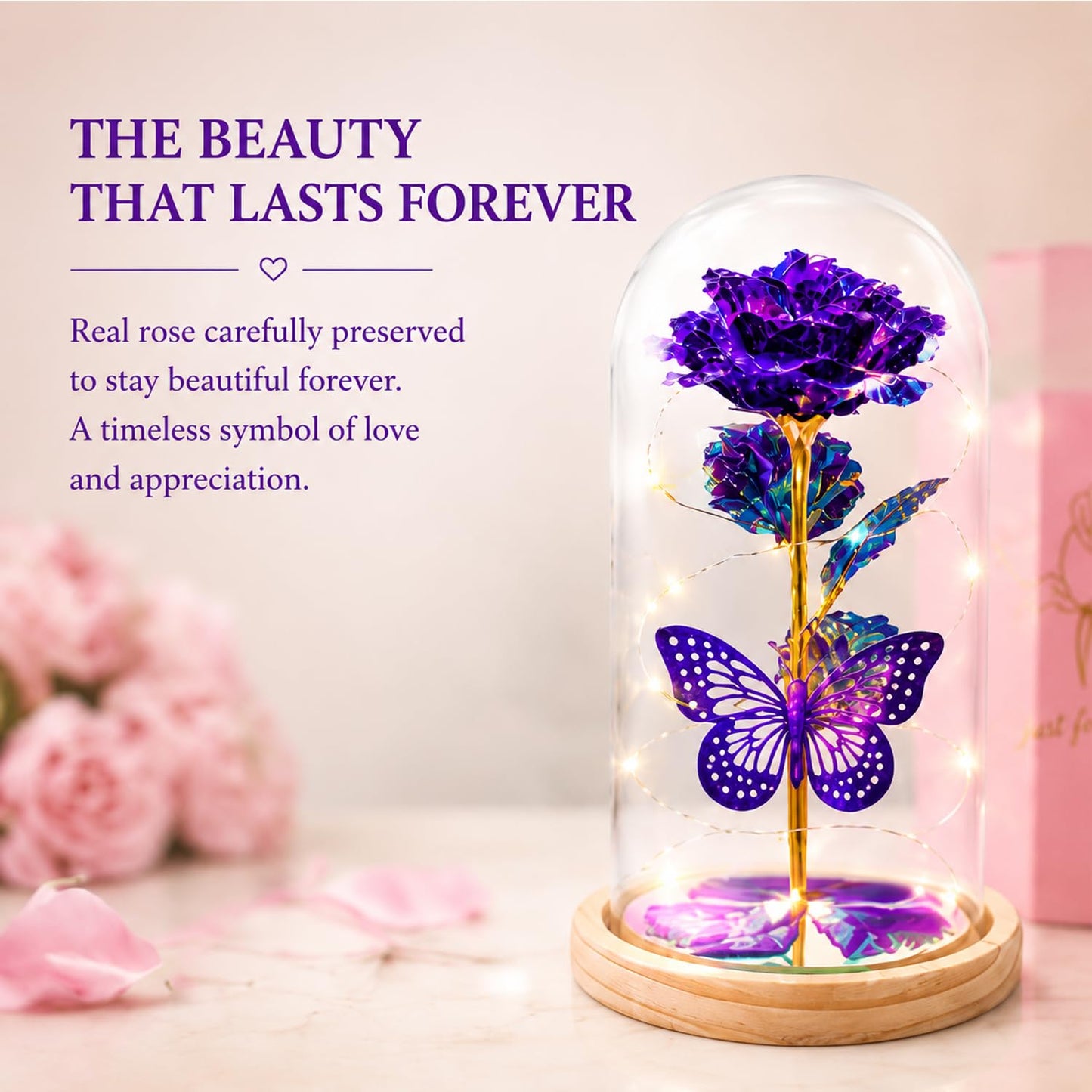QUNPON Mothers Day Rose Gifts for Mom Flowers Rose Gifts for Women,Birthday Gifts for Women,Purple Butterfly Flowers for Mother Day Flower Gifts from Daughter Son,Gift for Mom,Sister,Her,Grandma,Wife