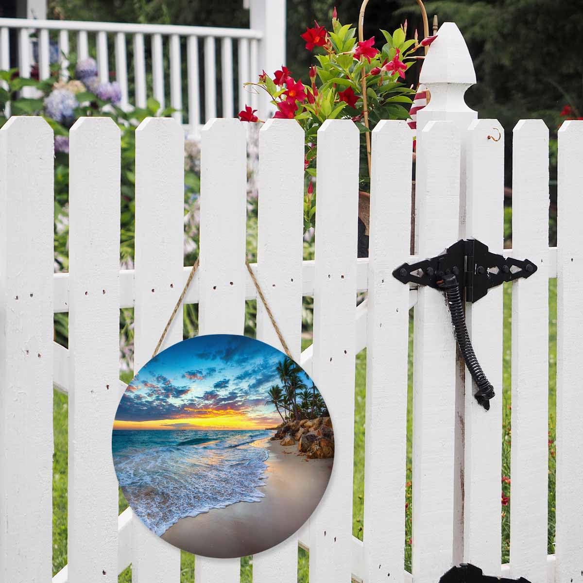 Beabes Welcome Sign Rustic Round Sign Front Door Wreaths Beauty Sunset Beaches for Outdoor Indoor Wall Hanging Decorations 12x12in