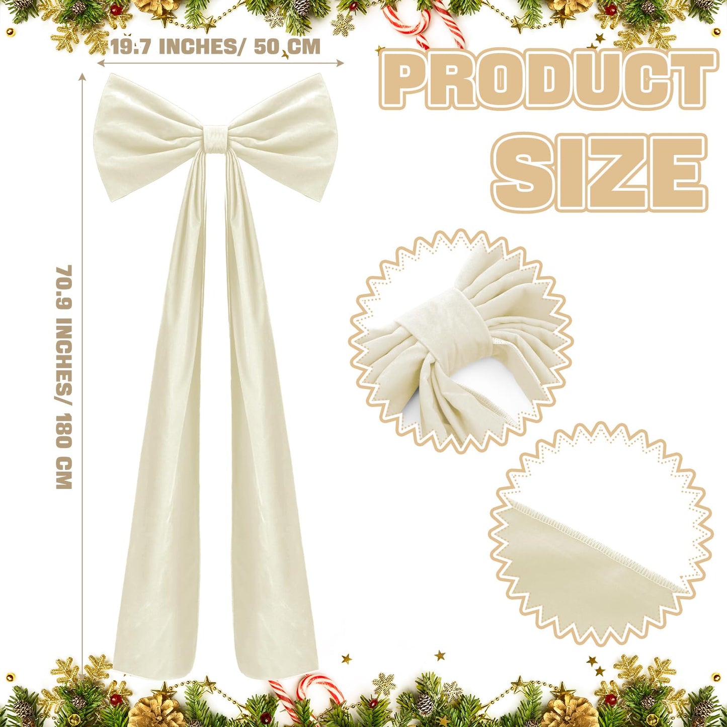 Knitgrip 20 x 71 Inches 1 Pack Christmas Extra Large Velvet Bows Christmas Tree Topper Bow Decor Giant Xmas Front Door Bows with Long Streamers for Home Wreath Wall Backdrop Party (Beige)