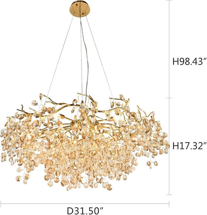 Modern Crystal Chandelier, Rectangular Gold Tree Branch Chandeliers, Luxury Raindrop Ceiling Light Fixture for High Ceiling, Dining Room, Kitchen, Office, Living Room