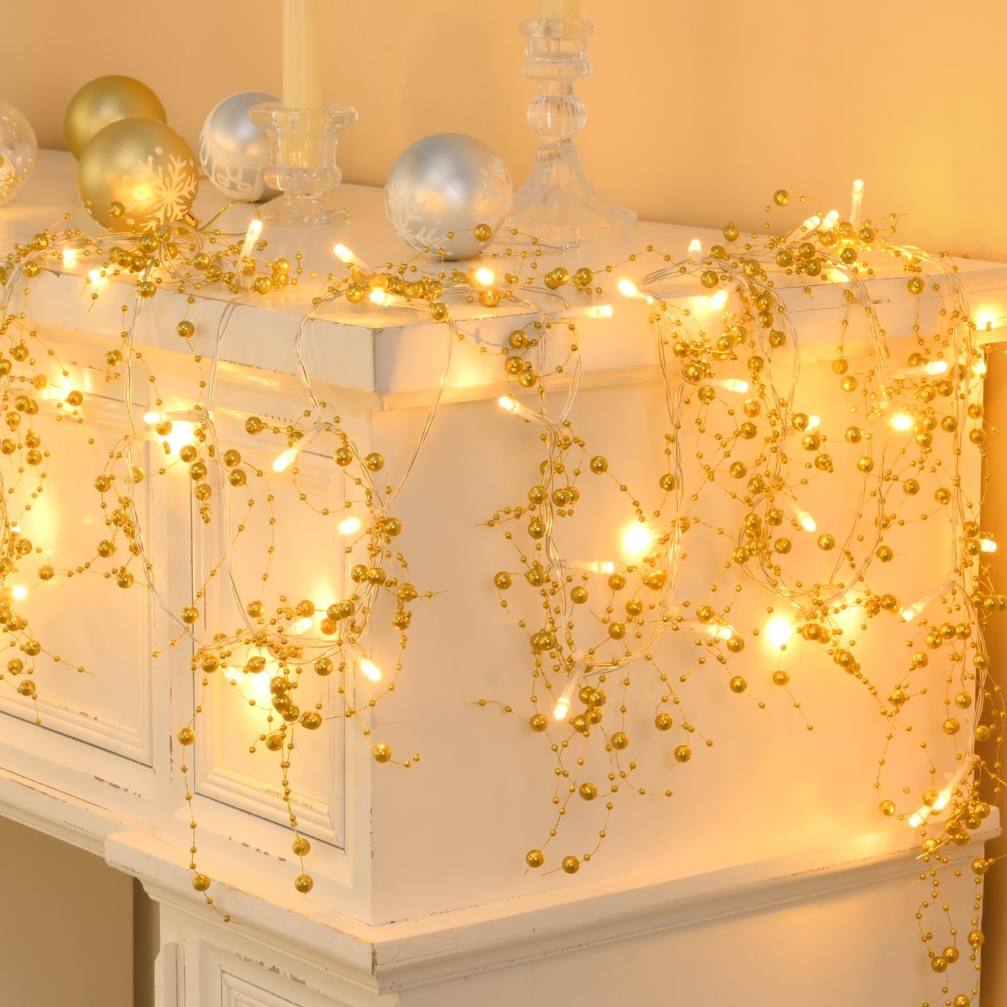 Christmas Garland with Lights, 2Pcs Lighted Berry Garland, Gold