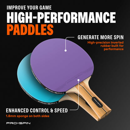 PRO-SPIN Ping Pong Paddles - High-Performance Set with Premium Table Tennis Rackets, 3-Star Ping Pong Balls, Storage Case | Professional Quality Ping Pong Paddle Set (Purple|Blue, 2-Player Set)