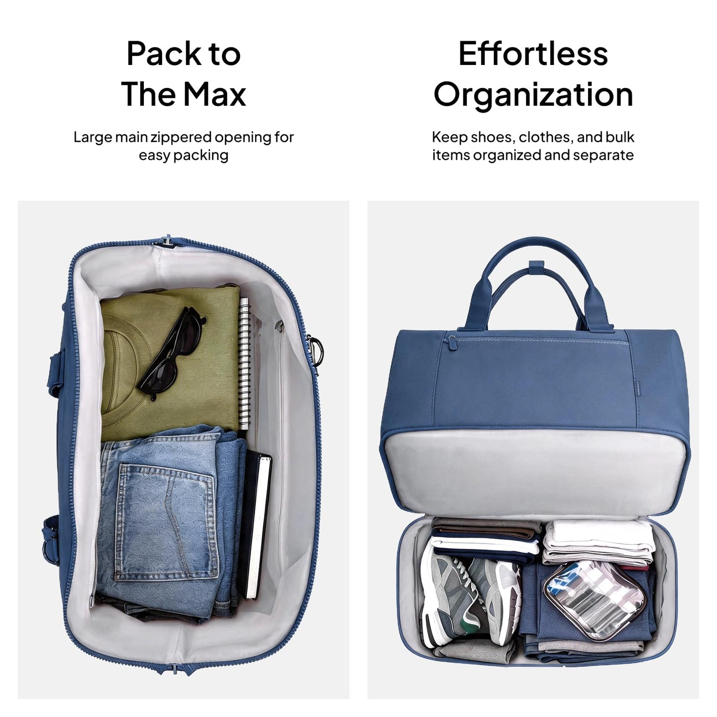 Travel Duffle Bag for Women, 40L Weekender Bags Airline Approved Carry On with Shoe Compartment & Waterproof Wet Pocket, Durable Nylon Weekender Overnight Bag for Travel, Gym, Business Trip, Blue