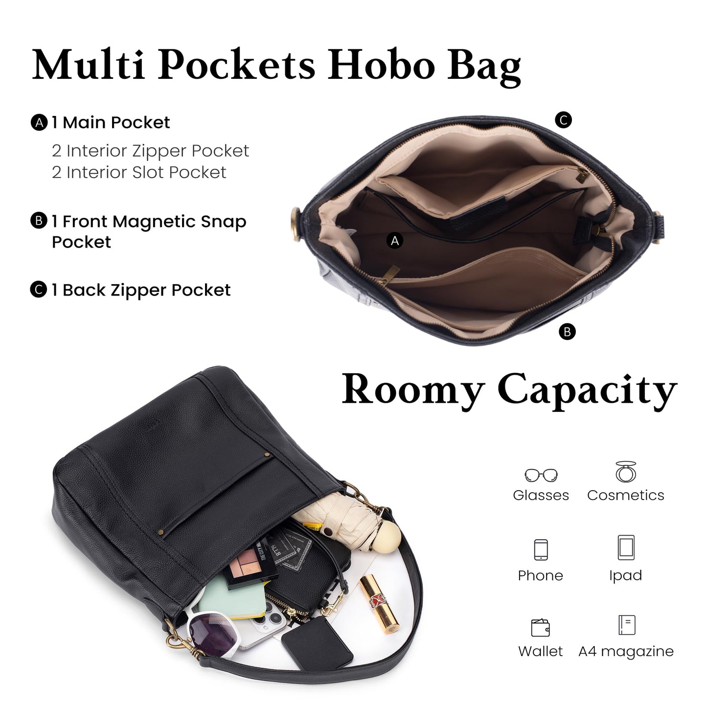 befen Black Genuine Leather Hobo Crossbody Bags for Women Retro Leather Purses Handbags Shoulder Bag with 2 Shoulder Straps
