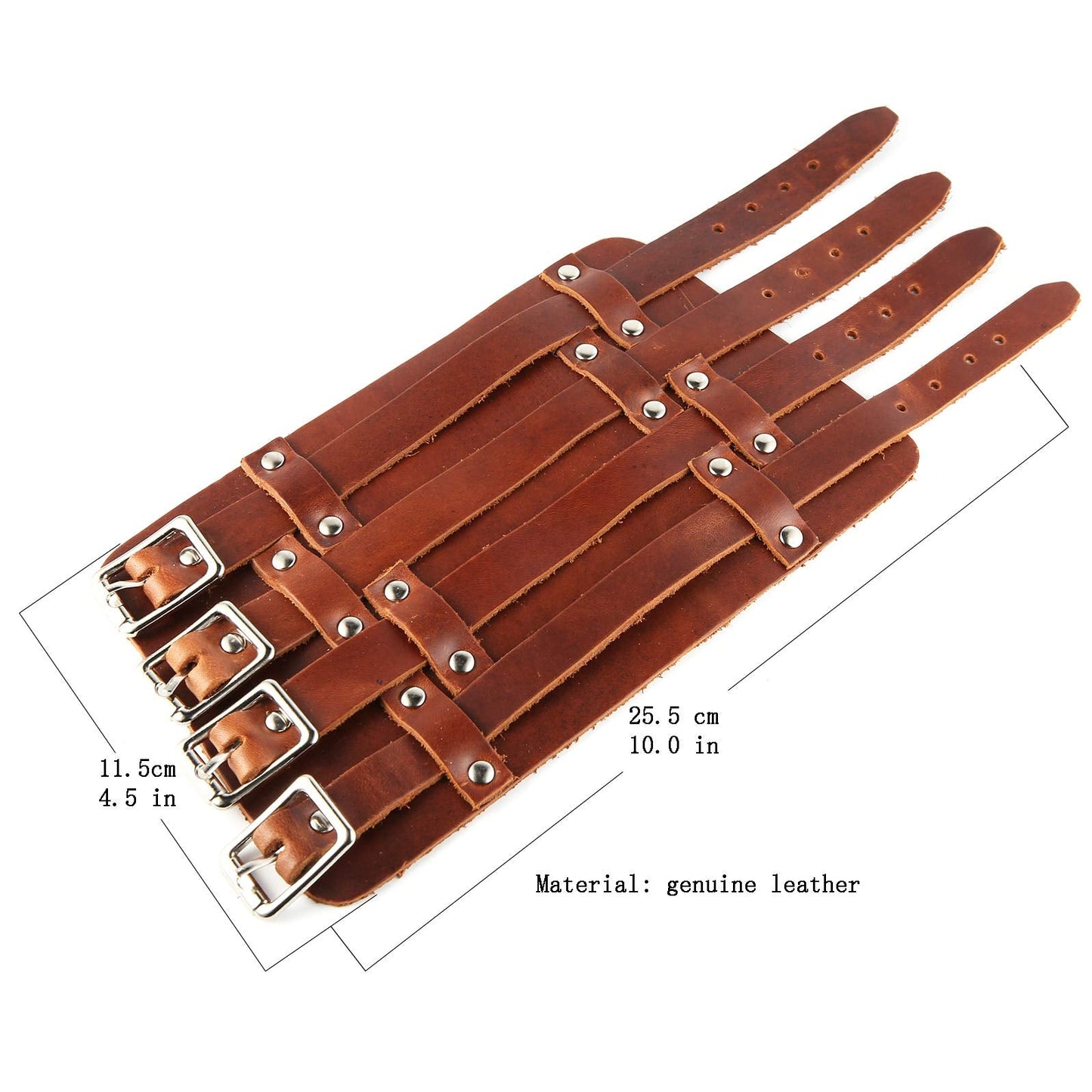 HZMAN Mens Leather Wide Triple Strap Cuff Wrap Gauntlet Wristband Buckle Fastening Arm Armor Cuff 4 Rows (Brown)
