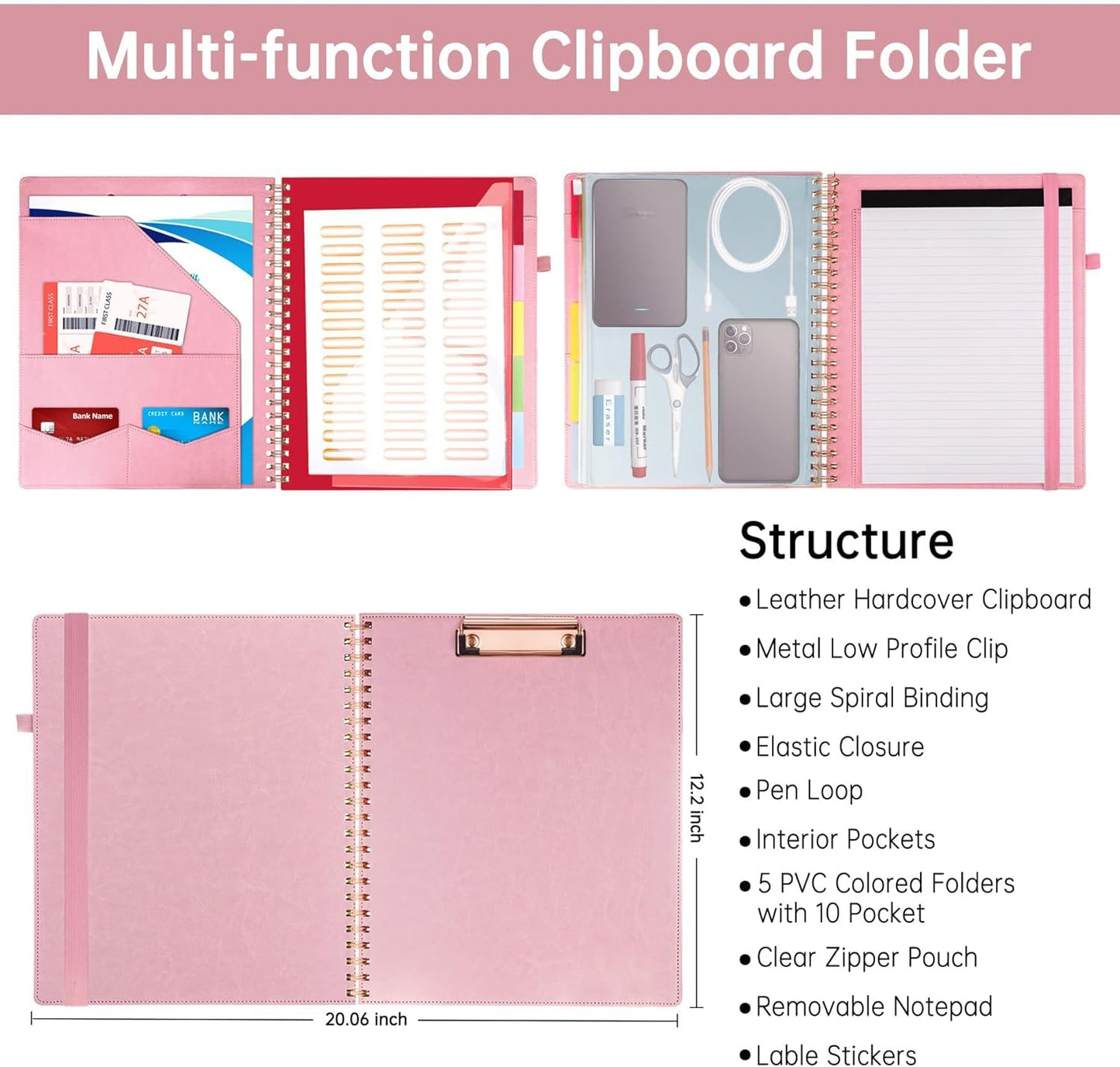 HAUTOCO Spiral Leather Clipboard Folio with Notepad (8.5 x 11''), 5 Folders with 10 Pockets, Storage Zipper Pouch, Pen Loop, 39 Stickers, Padfolio Organizer for Work School, Pink