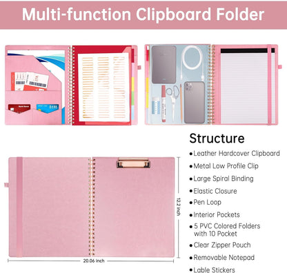 HAUTOCO Spiral Leather Clipboard Folio with Notepad (8.5 x 11''), 5 Folders with 10 Pockets, Storage Zipper Pouch, Pen Loop, 39 Stickers, Padfolio Organizer for Work School, Pink