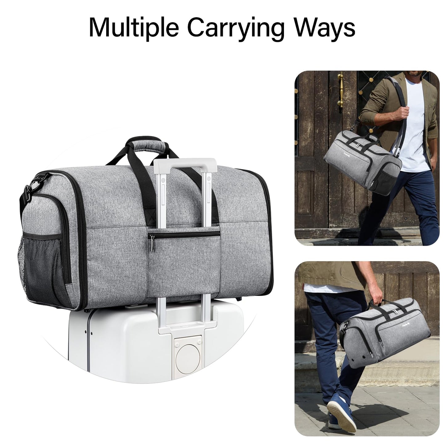 Hanke Carry on Garment Bags for Travel,Convertible Duffle Bag Luggage Bag Weekend Bag with Shoe Compartment,2 in 1 Hanging Suitcase Suit Bag for Men Women,Light Grey