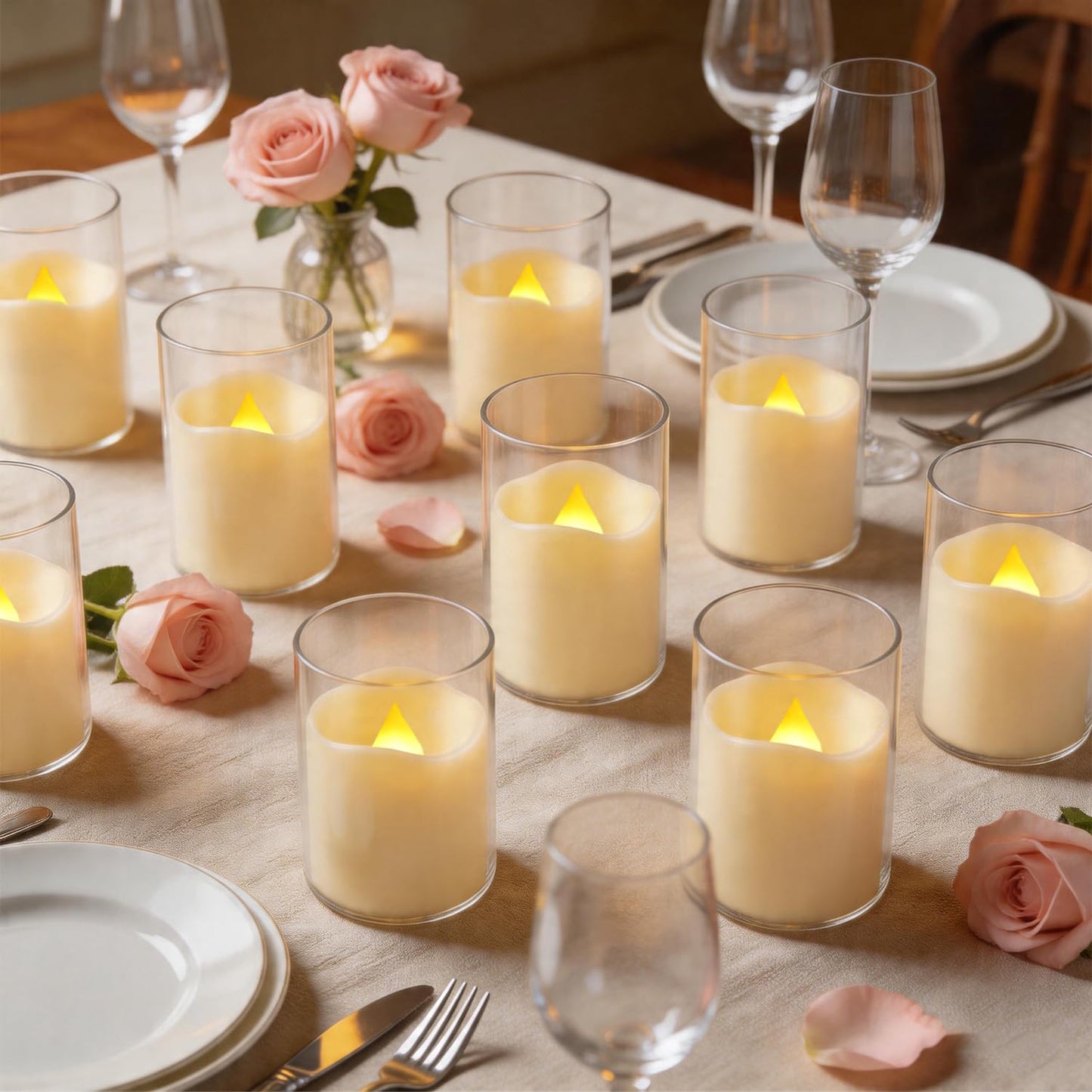 fclayvts 24 Pack Flameless LED Candles with Clear Glass Holder, Battery Operated Real Wax Tea Lights with Remote & Timer, Flickering Warm Light Fireless Votive Candles for Home Wedding Holiday Decor