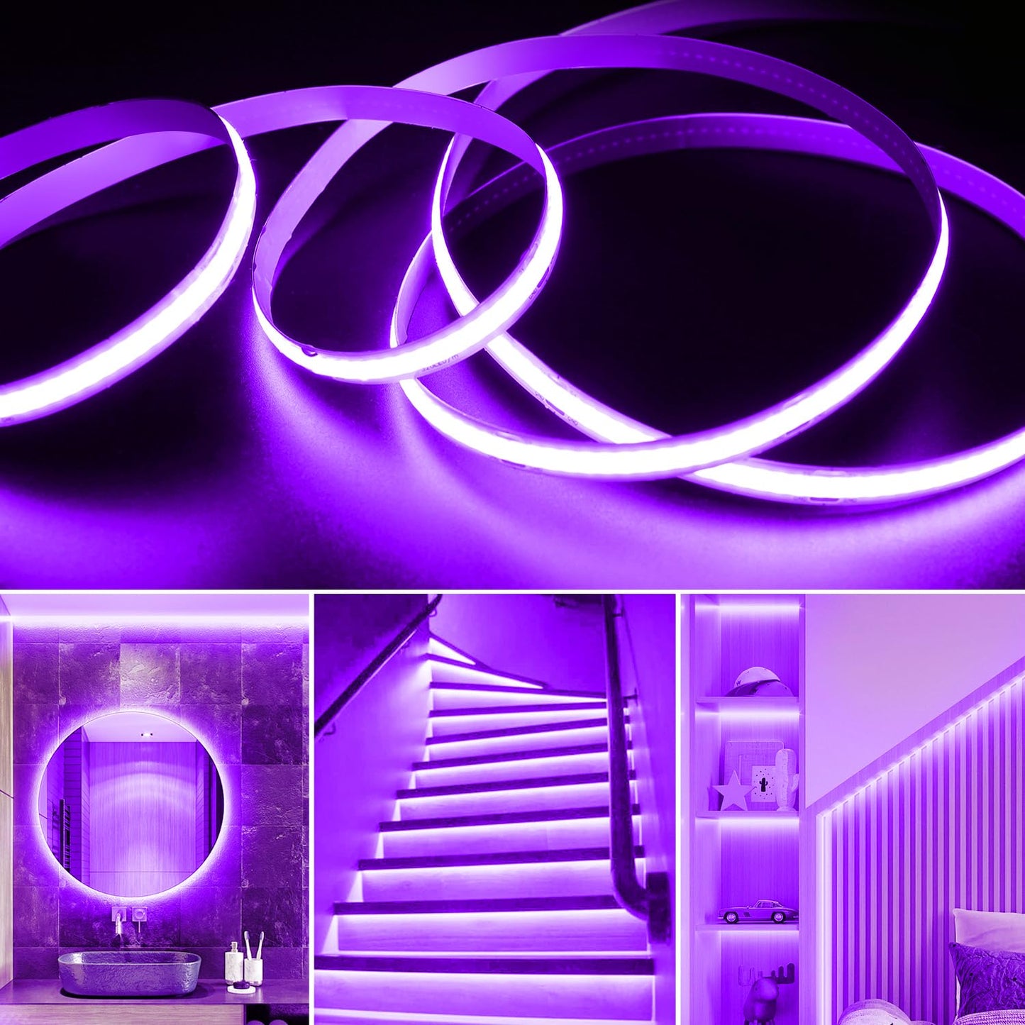 Smacen Battery Powered COB Led Strip Lights, 4.92Ft Battery Operated Purple LED Strip Light, High Brightness Flexible LED Tape Lights for TV, Cabinet, Glow Party, Halloween, Home DIY Decoration