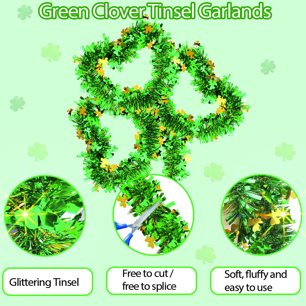 66 Ft St.Patrick's Day Tinsel Garland 2Pcs Green with Shamrock Saint Patricks Day Decorations for Saint Patrick's Day Party Decor Shiny Hanging Clover Green Tinsel Garland