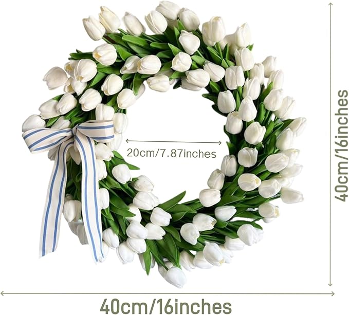 Spring Wreaths for Front Door, 16 Inch Summer Garland with White Tulips, Artificial Tulip Wreath for Farmhouse Home Wall Indoor Outdoor Window Decor