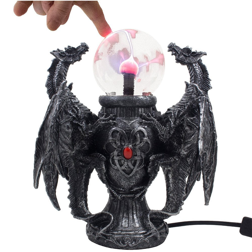 Mythical Guardian Dragon Duo Watching Crystal Ball Table Lamp and Metallic Look Vase Statue for Medieval Home Decor Globe Lights As Enchanting Renaissance Gifts