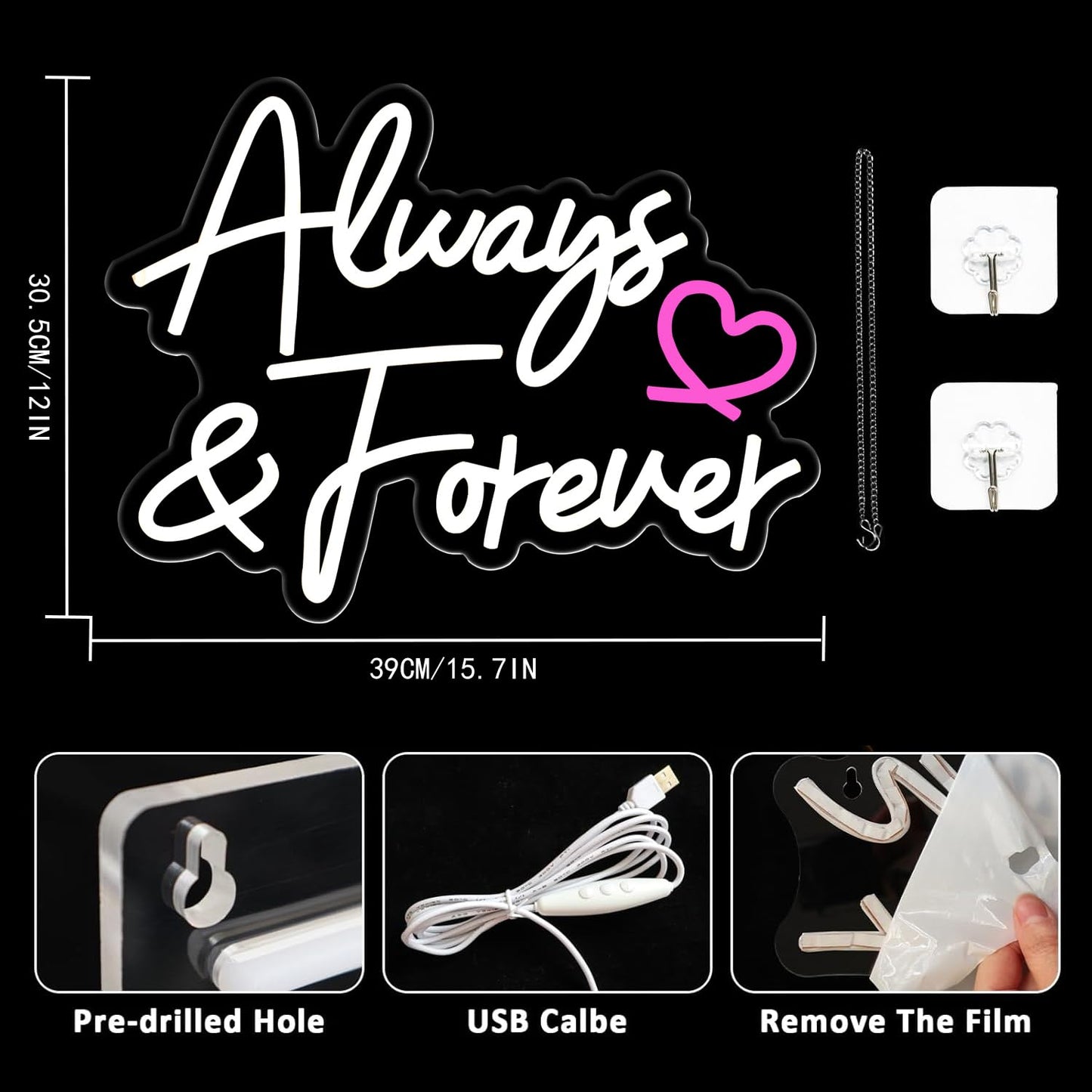 UExnkj-Y Always Forever Neon Sign Warm White Neon Light Sign, Letters Wedding Led Neon Signs for Wall Decor, Dimmable with USB Powered for Bedroom Propose Anniversary Christmas Gifts